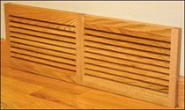 Louvered wood baseboard air return with square sides and many wood options.